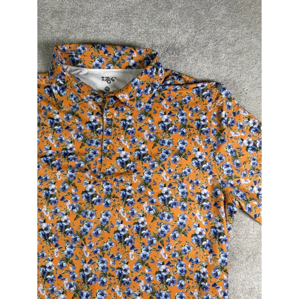 1764 Polo Shirt Mens M Orange All over Floral Print Golf Performance Stretch